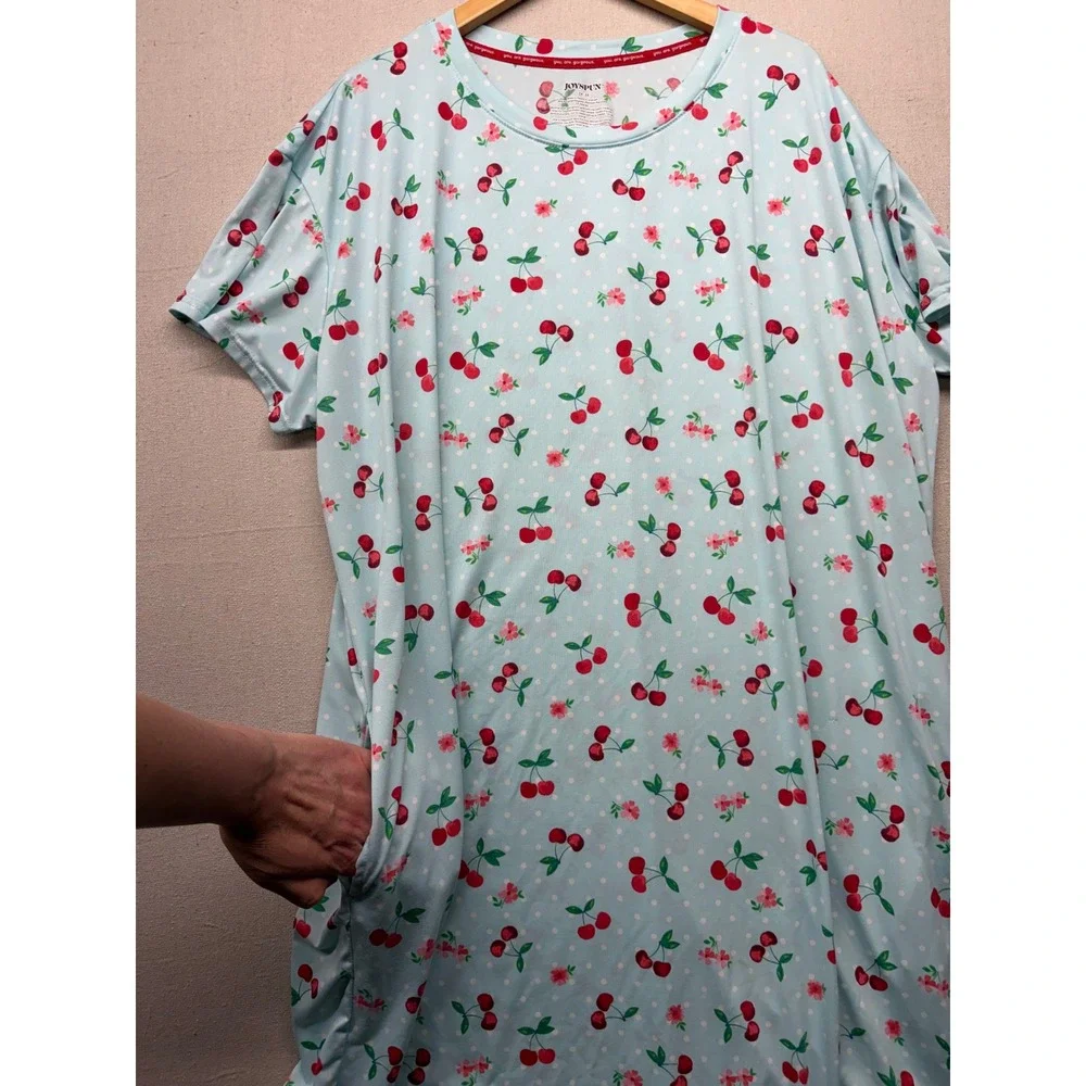 Joyspun Women Plus 2X-3X Cherry Polka Dot Sleep Dress Blue Short Sleeve Pockets - Picture 5 of 9